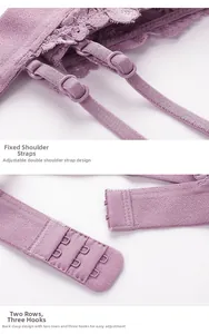 Detail of purple lace bra featuring adjustable shoulder straps and two-row hook back closure