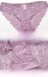 Detail view of purple lace panties showing the soft 100% cotton crotch lining material