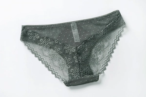 Vista dettagliata degli slip in pizzo grigio-verde con mesh a pois e bordo floreale