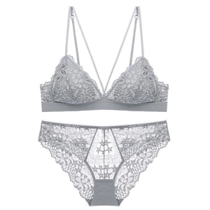 French Sexy Deep V Triangle Cup Lace Bra And Panty Thin Wireless Bralette Floral Embroidery Lingerie For Women Purple