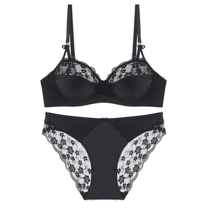Elegant black floral lace lingerie set with satin finish and adjustable bra straps