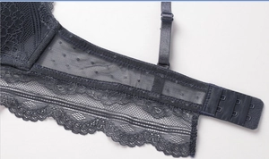 Macro detail of dark grey lace bra featuring dot mesh fabric and triple hook-and-eye closure