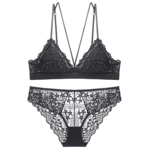 Sexy black lace triangle cup bra set with delicate thin straps and floral embroidery