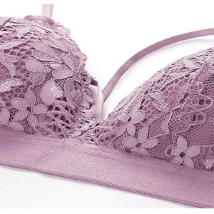 Elegant lavender floral lace triangle bralette with elastic band and smooth straps