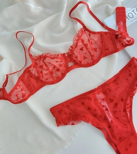 Red heart-printed lace lingerie set with sheer mesh bra and matching ruffled panties