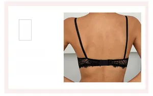 Detail of the back closure and delicate black floral eyelash lace on this bra