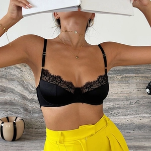 Sexy black lace embroidery bra with thin straps and silk-like fabric patchwork detail