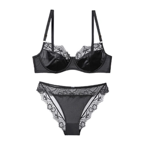 Elegant black lace and satin lingerie set with underwire bra and matching panties