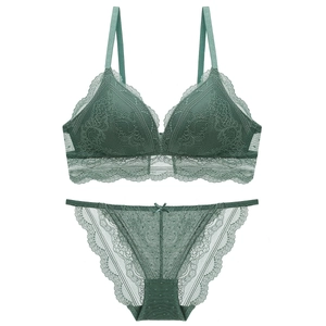 Dark green French lace lingerie set featuring a wireless triangle bra and matching panties