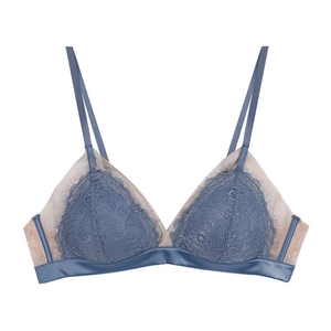 Franse kant bralette set in grijsblauw met wimperrand en triangelvormige cups