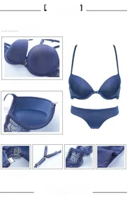 Détail d'un ensemble de lingerie en dentelle bleu marine avec fermoir avant et dos en Y