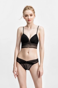 Makro-Detail von französischem schwarzem Spitzen-Lingerie-Set mit bügellosem Triangel-Cup