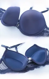 Détails du soutien-gorge en dentelle bleu marine avec fermeture avant et push-up