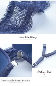 Détail des ailes en dentelle et fermoir avant métallique amovible sur soutien-gorge bleu