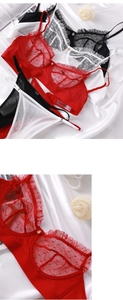 Detail of red lace lingerie set with polka dot mesh and wash label showing material info