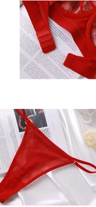 Detail of red floral lace bra with triple hook closure and sheer mesh thong set