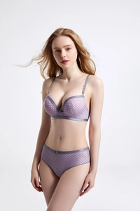 Detailed studio shot of a lavender grid-textured bra set with gray trim and metal hardware