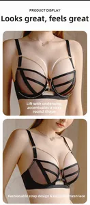 Detail of black mesh lace bra featuring underwire lift, fashion straps and gold chain trim