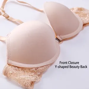Soutien-gorge beige à boucle avant avec dos en Y sans couture et dentelle fine