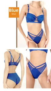 Detail of blue lace lingerie set with metal chains and criss-cross strappy back design