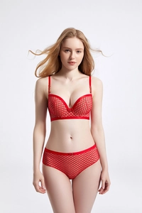 Detail showing the red mesh texture and golden metal buckle of the push-up bra set