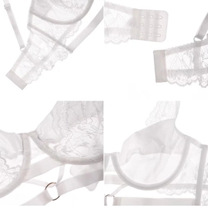 Vue détaillée du soutien-gorge en dentelle blanche avec bretelles réglables et agrafage triple