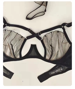 Dettaglio reggiseno in pizzo nero con ricamo delicato, rete e etichetta di lavaggio