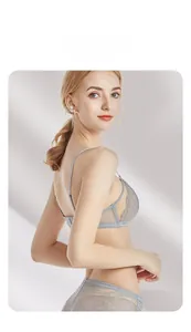 Détails du soutien-gorge en dentelle grise avec dos en résille et bords en cils fins
