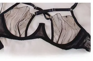 Dettaglio del ricamo in pizzo nero con motivi a foglia e tessuto in mesh fine