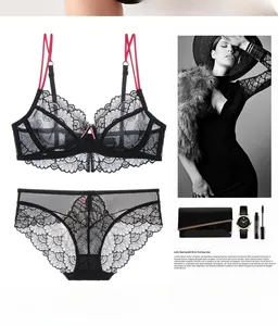 Detail of French lace bra set with contrast floral patterns and thin cups