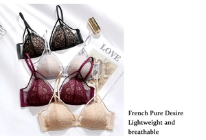 Détails de bralettes en dentelle française en noir, gris, bordeaux et beige clair