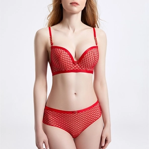 Sexy red mesh lingerie set with supportive underwire bra and matching gold buckle briefs