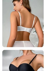 Detail of adjustable straps with gold buckles and back closure on seamless push-up bra