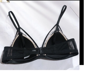 Détail du soutien-gorge en dentelle de cils noire avec bonnets triangle et mesh respirant