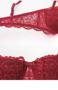Détails des ailes latérales en dentelle rouge et du nœud décoratif sur le soutien-gorge