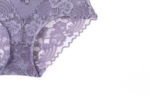 Detailed macro view of purple floral lace embroidery and a bow on mesh underwear