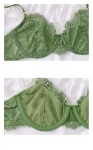 Detailed close-up of green sheer lace bra cups showing fabric texture and structure