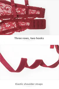 Détail d'un soutien-gorge en dentelle bordeaux avec fermeture à trois rangées et bretelles