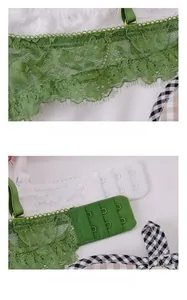Detail view of grass green eyelash lace lingerie set featuring checkered straps and back closure