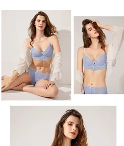 Detailed views of light blue floral lace lingerie set with bow accents and side support