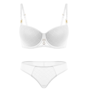 Detail of white lingerie set showing quilted diamond pattern and golden hardware