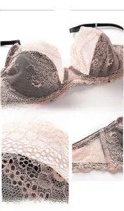 Close-up of pink floral lace fabric and black mesh texture on a supportive bra set