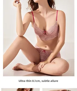 Detailed view of ultra-thin 0.1cm lace lingerie set with eyelash lace and pink bow detail