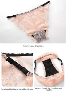 Detail view of pink floral lace panties with black elastic edges and soft cotton crotch