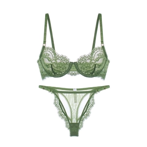 Lace lingerie set with sheer olive green floral embroidery and adjustable straps
