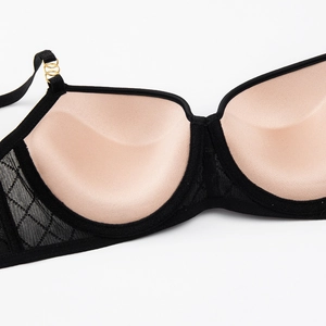 Detail view of push-up bra featuring black lace side wings and gold metal hardware