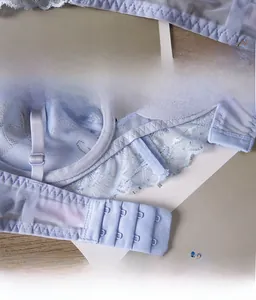 Detail of light blue lace bra with breathable mesh side wings and double hook closure