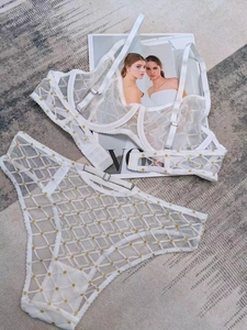Dettaglio del set lingerie in mesh bianco con ricami a punti dorati e pizzo delicato