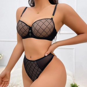 Women Sexy Lace Mesh Diamond Lattice Push Up Padded Lingerie With Metal Rings Gather Bra And Panty