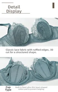 Detailed macro view of gray-blue lace bra with ultra-thin heart-shaped padding